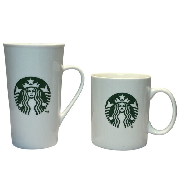 2014 Ceramic White Starbucks 14/16 Oz Green Mermaid Siren Logo Coffee Mug Set 2 - Picture 1 of 7
